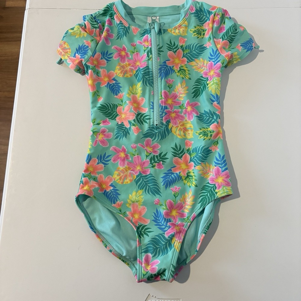 Cat & Jack Kids Girls One Piece Swimsuit Medium Size 8 Teal Floral Tropical